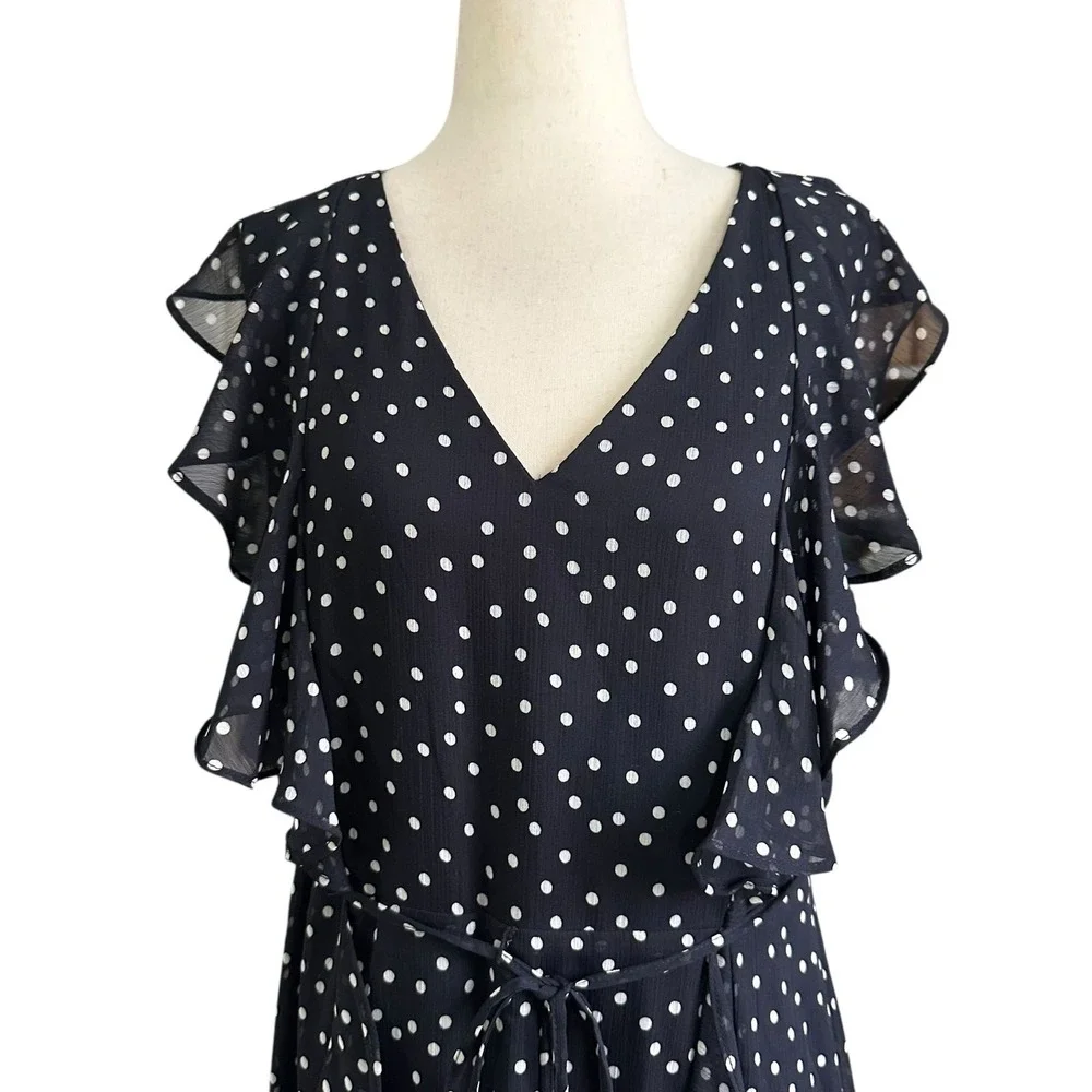Tommy Hilfiger Blue Polkadots Lined Chiffon Blouson Dress Womens Size 14 | 74-23